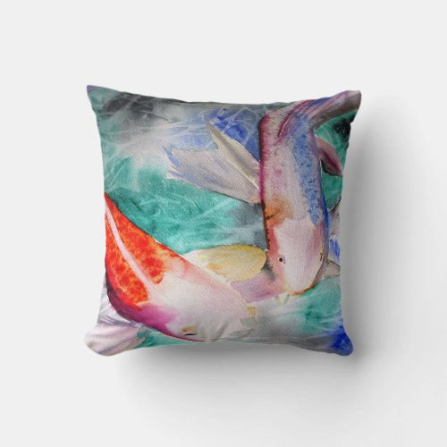 Butterfly Koi watercolour Japanese Fish painting Throw Pillow