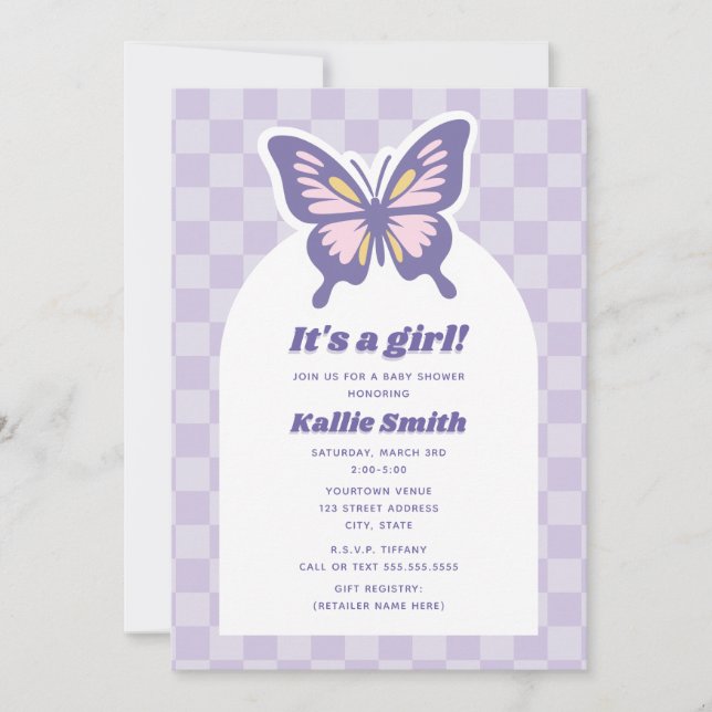 Butterfly Lavender Checkerboard Girl Baby Shower Invitation (Front)