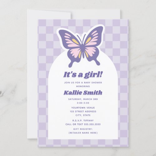 Butterfly Lavender Checkerboard Girl Baby Shower Invitation