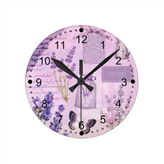 Butterfly Lavender Floral Lilac Ephemera  Round Clock