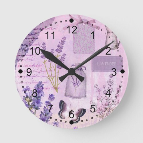 Butterfly Lavender Floral Lilac Ephemera  Round Clock