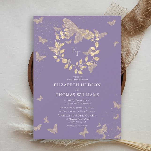 Butterfly Lavender Gold Monograms Wreath Wedding Invitation (butterfly wedding invitation lavender purple gold eucalyptus elegant modern classic romantic)