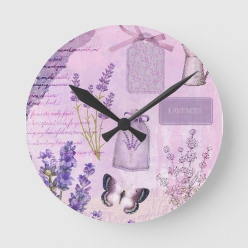 Butterfly Lavender Lilac Floral Ephemera Round Clock