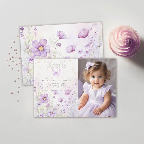 Butterfly Lavender Wildflowers Photo 1st Birthday Invitation