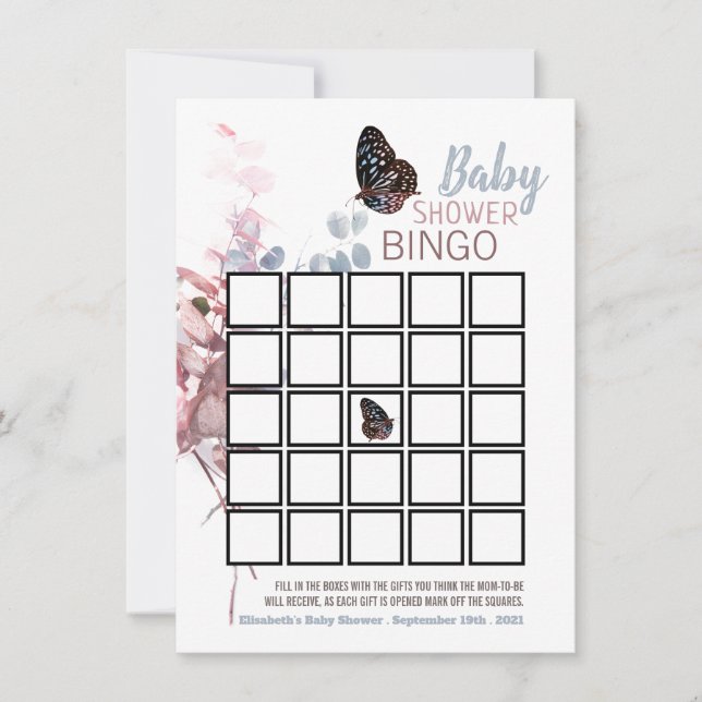 Butterfly Leaves, Elegant Baby Shower Bingo (Front)