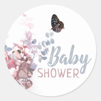 Butterfly Leaves  Elegant Baby Shower Classic Round Sticker by StampedyStamp at Zazzle