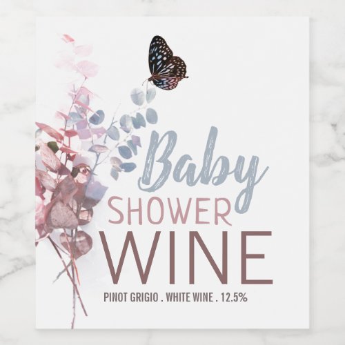 Butterfly Leaves Elegant Baby Shower Wine Label