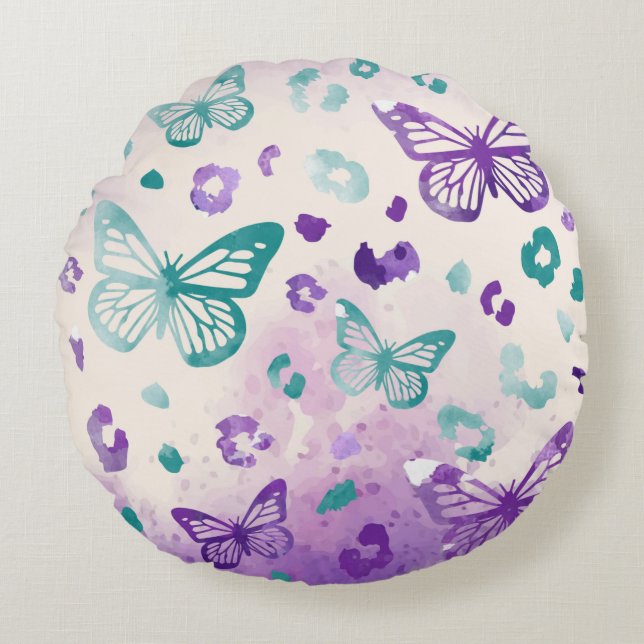 Butterfly Leopard Purple Grey Pattern Round Pillow (Front)