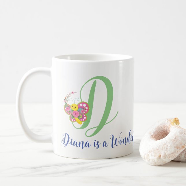 Butterfly Letter D Floral Mug (With Donut)