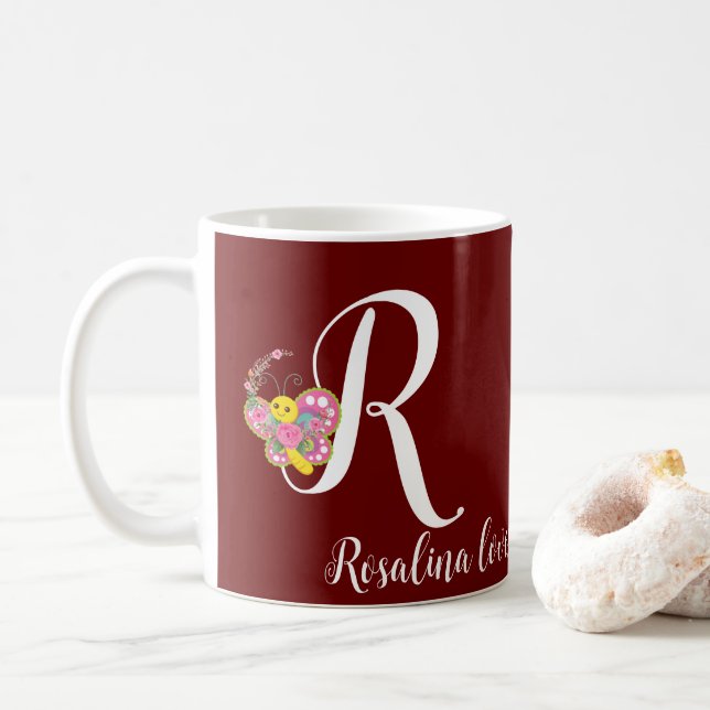 Butterfly Letter R Floral Mug (With Donut)