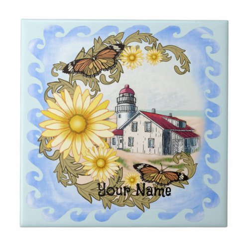 Butterfly Lighthouse custom name Ceramic Tile
