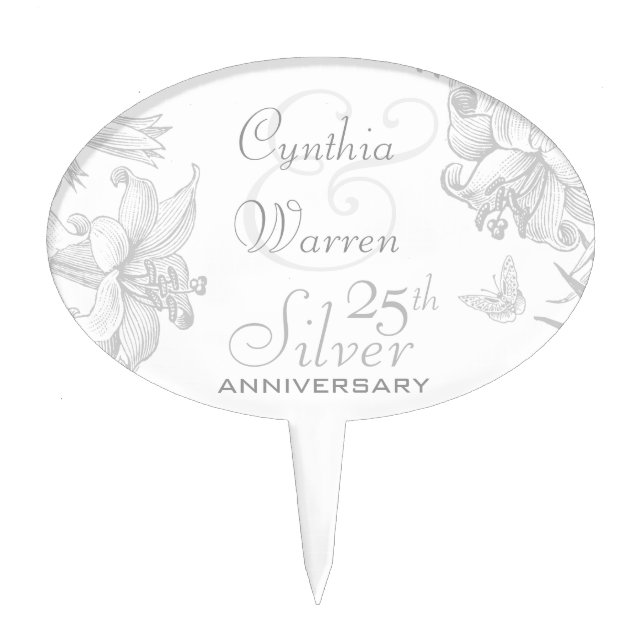 Butterfly Lilies 25th Silver Wedding Anniversary Cake Topper (Front)