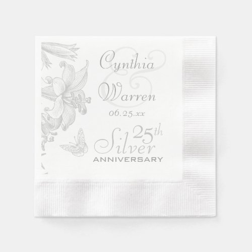 Butterfly Lilies 25th Silver Wedding Anniversary Napkins