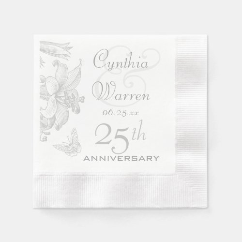 Butterfly Lilies 25th Silver Wedding Anniversary Paper Napkins