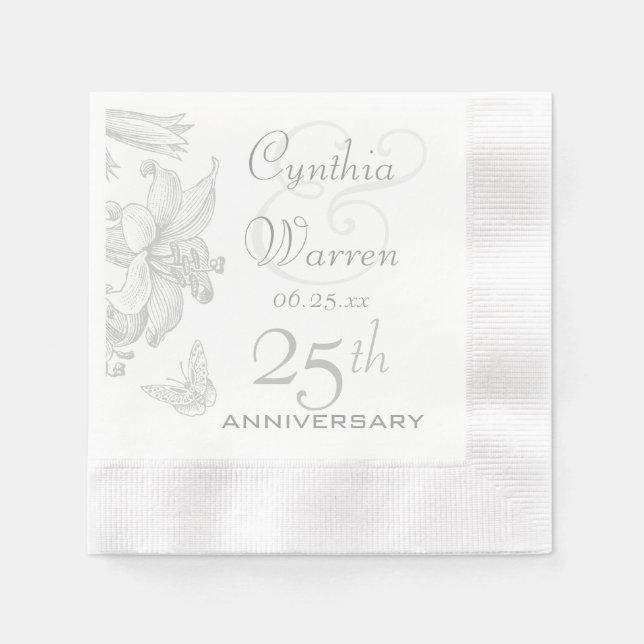 Butterfly Lilies 25th Silver Wedding Anniversary Paper Napkins (Front)