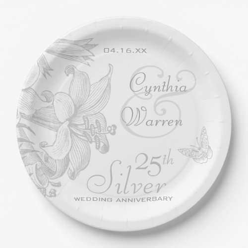 Butterfly Lilies 25th Silver Wedding Anniversary Paper Plates