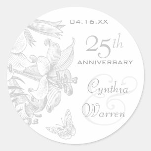 Butterfly Lilies Silver 25th Wedding Anniversary Classic Round Sticker