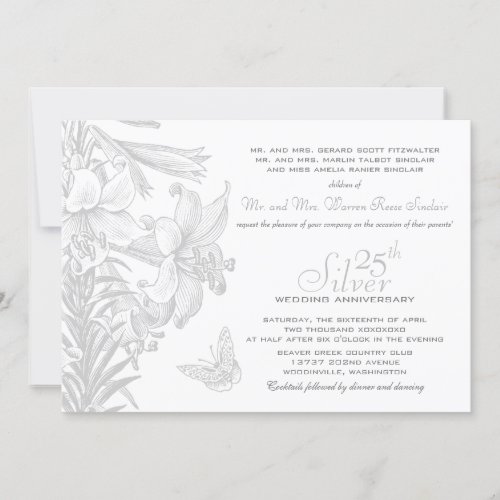 Butterfly Lilies Silver 25th Wedding Anniversary Invitation