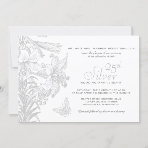 Butterfly Lilies Silver 25th Wedding Anniversary Invitation