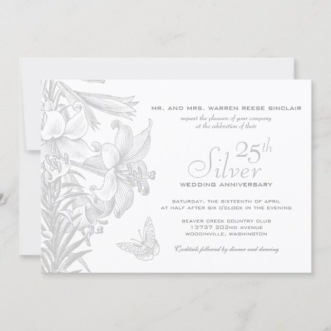 Butterfly Lilies Silver 25th Wedding Anniversary Invitation (Front)