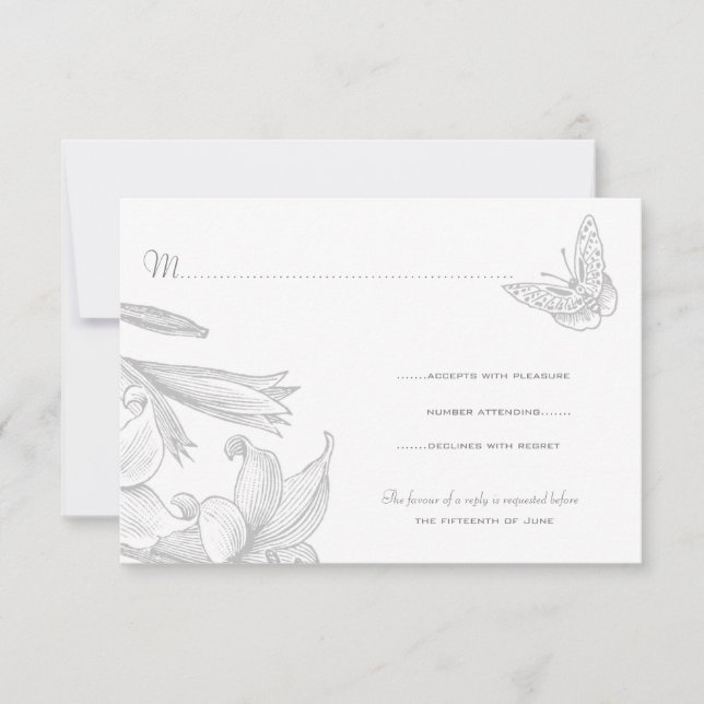 Butterfly Lilies Silver 25th Wedding Anniversary RSVP Card (Front)