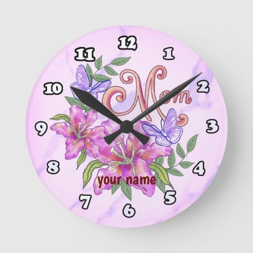 Butterfly Lily Mom Round Clock