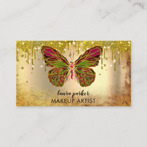 Butterfly Logo Gold Dripping Girly Modern Rainbow  Business Card