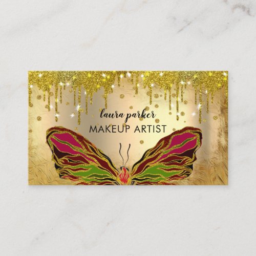 Butterfly Logo Gold Dripping Girly Modern Rainbow  Business Card