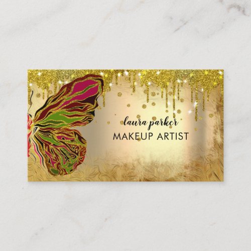 Butterfly Logo Gold Dripping Girly Modern Rainbow  Business Card