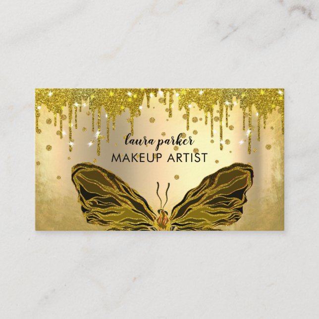 Butterfly Logo Gold Glitter Dripping Girly  Busine Business Card (Front)