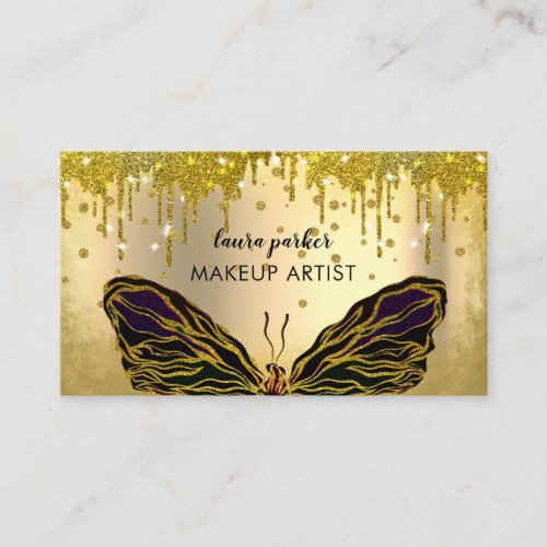 Butterfly Logo Gold Glitter Dripping Girly  Busine Business Card