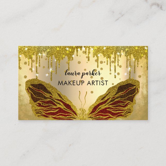 Butterfly Logo Gold Glitter Dripping Girly Modern Business Card (Front)