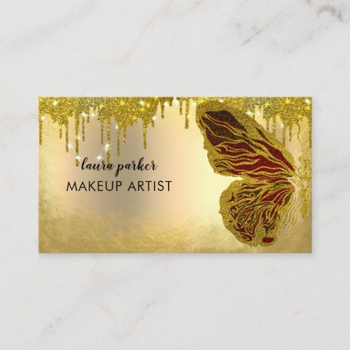 Butterfly Logo Gold Glitter Girly Modern Dripping  Business Card