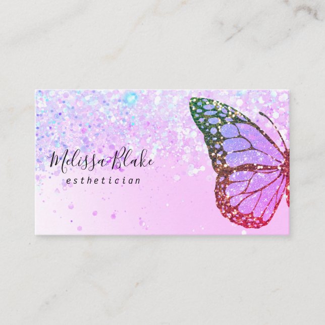 butterfly logo on faux glitter design business card (Front)