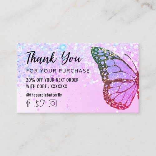 butterfly logo on faux glitter thank you business card