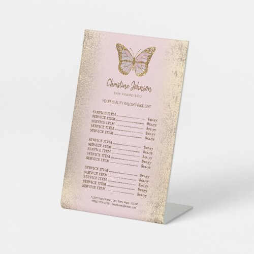 butterfly logo on faux gold foil price list pedestal sign