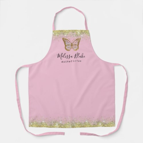 butterfly logo on faux gold sparkle   apron