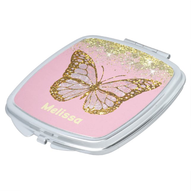 butterfly logo on faux gold sparkle compact mirror (Turned)