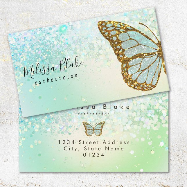 butterfly logo on faux mint glitter design business card (Creator Uploaded)