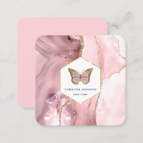 butterfly logo on pink agate square business card