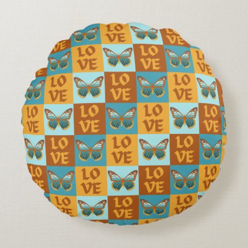 Butterfly Love Pattern  Blue  Orange Gradient Round Pillow