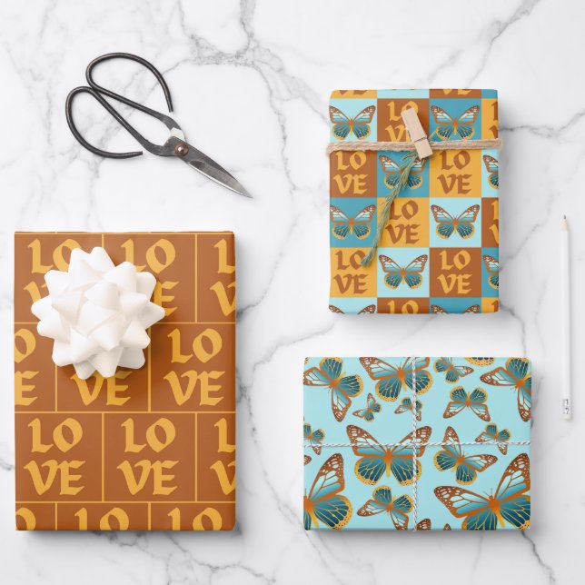 Butterfly Love Pattern | Blue & Orange Gradient Wrapping Paper Sheets (Front)