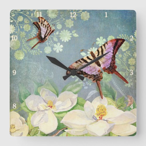 Butterfly Magnolia Floral Vintage Blue Watercolor Square Wall Clock