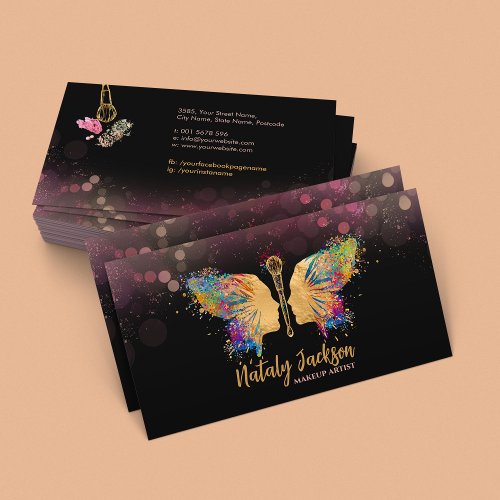 Butterfly Makeup Brush Female Profile Business Card