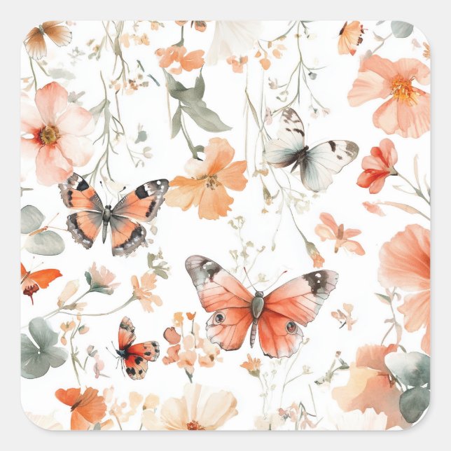 Butterfly Meadow Watercolor Pretty Bridal Shower Square Sticker (Front)