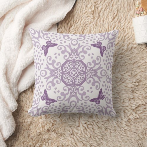 Butterfly Medallion Vintage Look Purple and White Throw Pillow