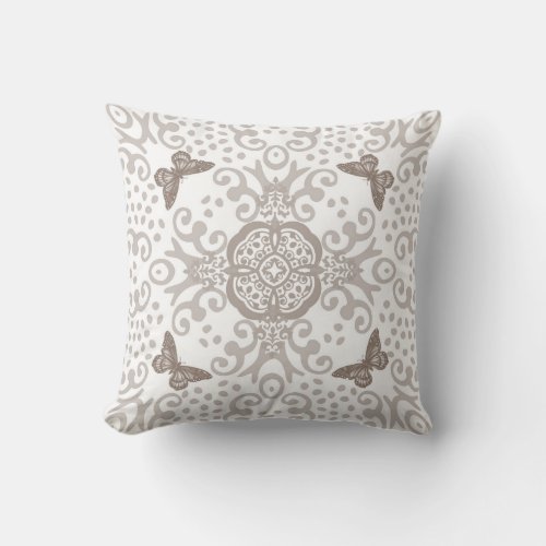 Butterfly Medallion Vintage Look Silver and White Throw Pillow