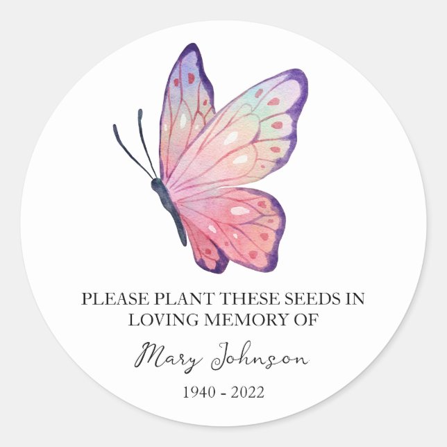 Butterfly Memorial Funeral Seed Packet Classic Round Sticker (Front)
