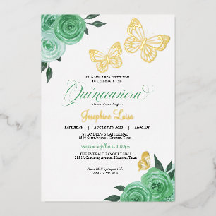 Butterfly Mint Green Roses Quinceanera Real Foil Invitation