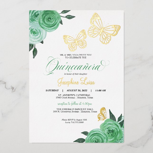Butterfly Mint Green Roses Quinceanera Real Foil Invitation (Front)
